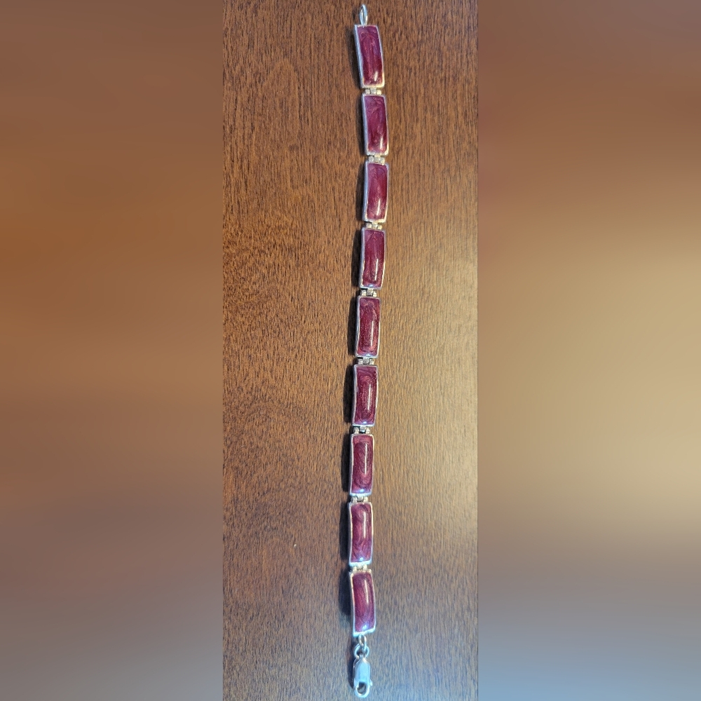 Sterling Silver 925 and Red Stone Link Bracelet 7 3/4”